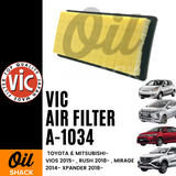 VIC A-1034 AIR FILTER (Toyota Vios 2015 -, Rush 2018 - ,  Mitsubishi Mirage 2014 -, Expander 2018 -)