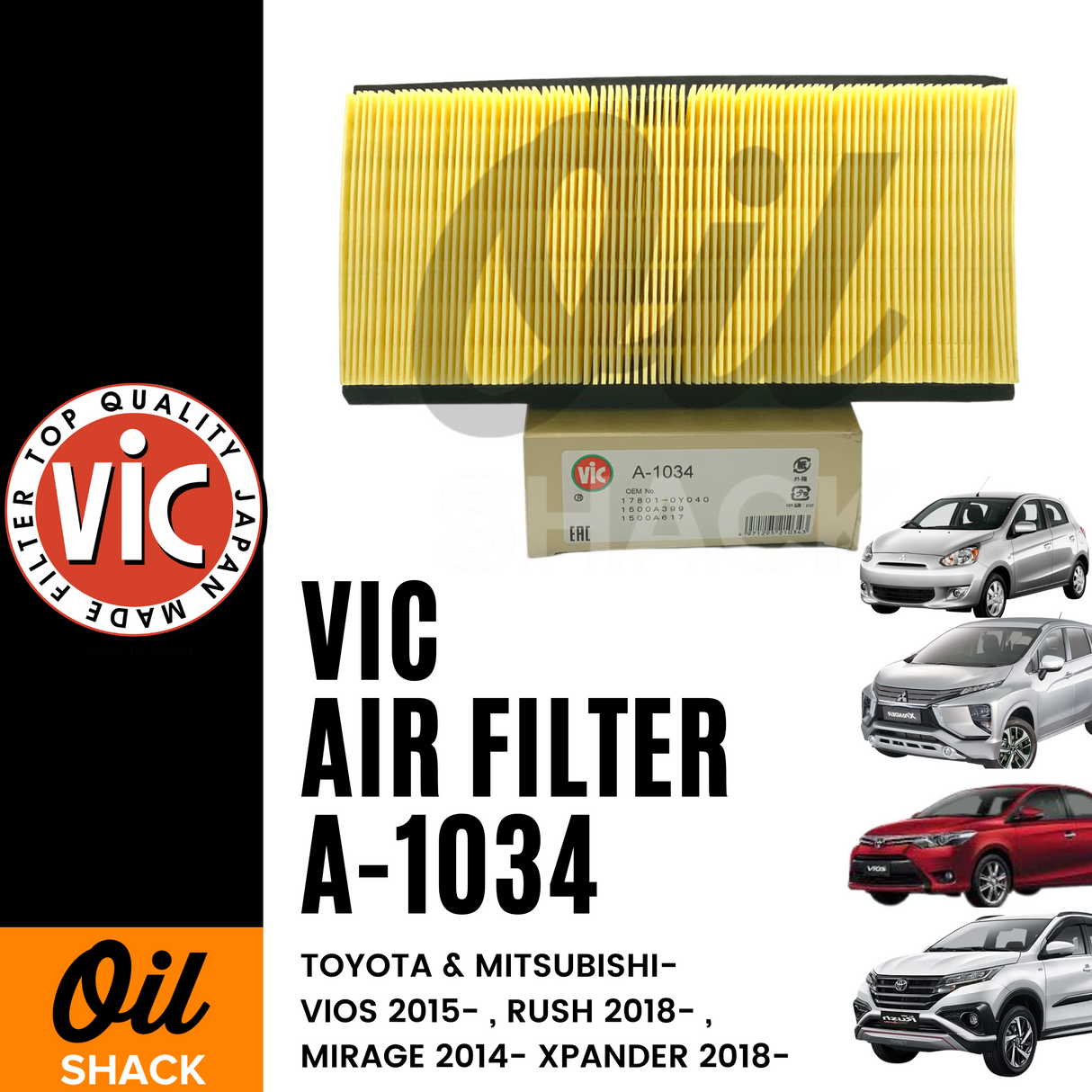 VIC A-1034 AIR FILTER (Toyota Vios 2015 -, Rush 2018 - ,  Mitsubishi Mirage 2014 -, Expander 2018 -)